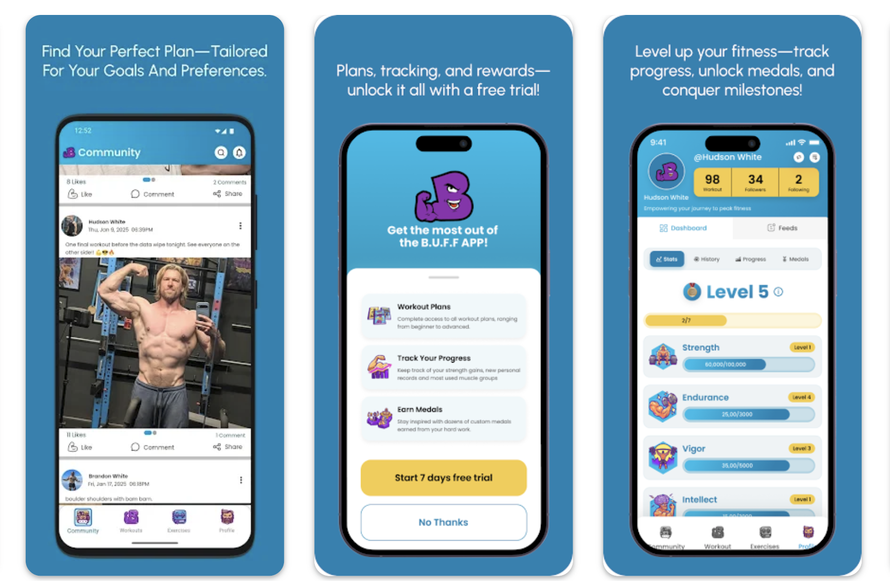 BUFF fitness app community, subscription, and progress screens
