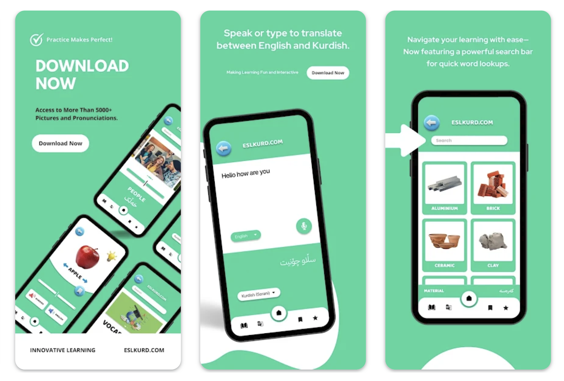 ESL Kurd English and Kurdish learning app screens